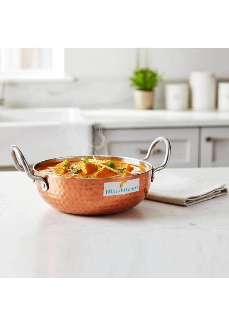 FLIXBLOOM Hammered Kadai Wok with Stainless Steel Lid | 2.5 L | 2.6 Qt | Induction Compatible | Food Safe - Indya
