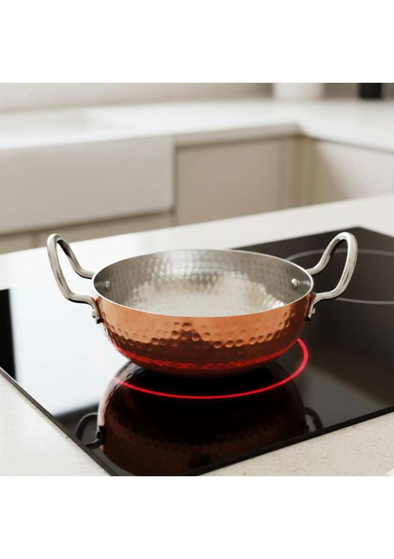 FLIXBLOOM Hammered Kadai Wok with Stainless Steel Lid | 2.5 L | 2.6 Qt | Induction Compatible | Food Safe - Indya