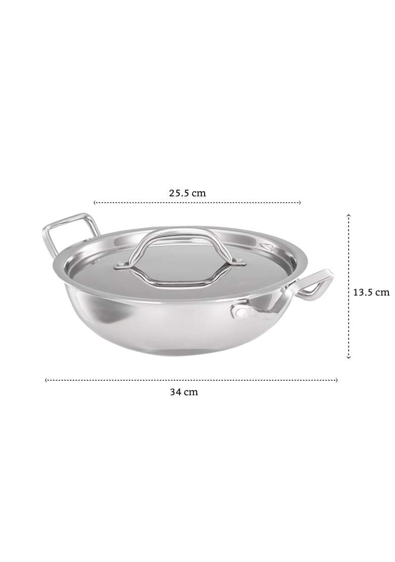 Solimo Amazon Brand Solimo Triply Stainless Steel Kadai Wok with Lid | 24 cm | 9.4 Inch | Induction Compatible | Heavy Bottom - Indya