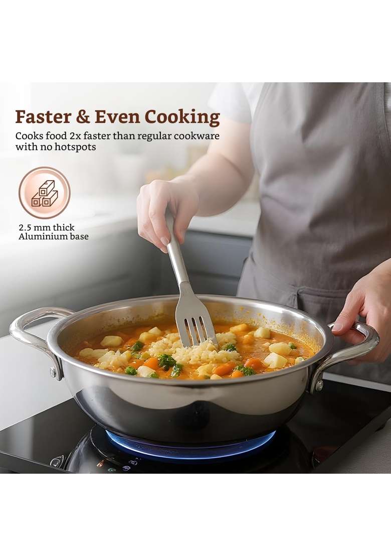Solimo Amazon Brand Solimo Triply Stainless Steel Kadai Wok with Lid | 24 cm | 9.4 Inch | Induction Compatible | Heavy Bottom - Indya