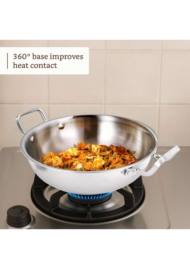 Solimo Amazon Brand Solimo Triply Stainless Steel Kadai Wok with Lid | 24 cm | 9.4 Inch | Induction Compatible | Heavy Bottom - Indya