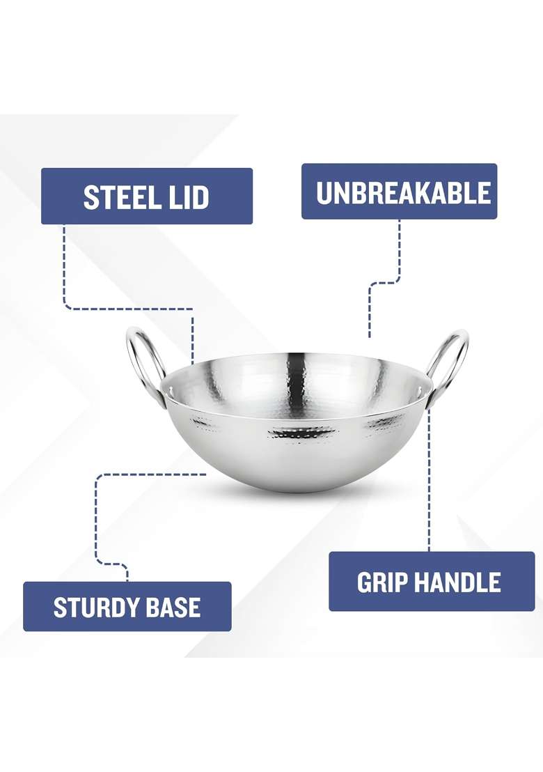 Prabha Stainless Steel Kadhai Wok | 0.5 L | 0.5 Qt | Hammered Finish - Indya