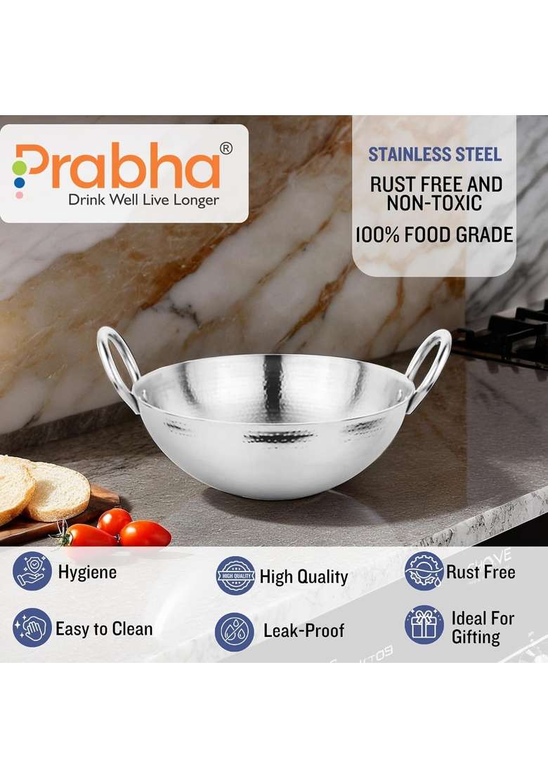 Prabha Stainless Steel Kadhai Wok | 0.5 L | 0.5 Qt | Hammered Finish - Indya