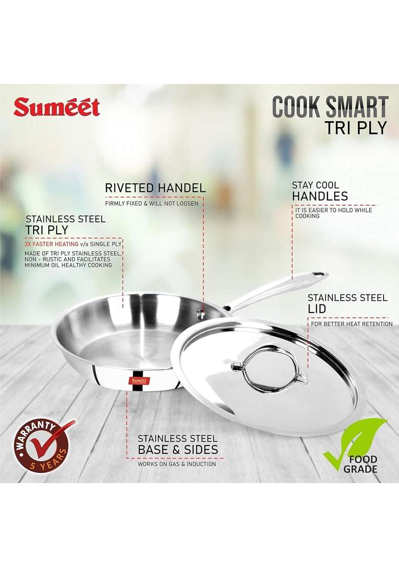 Sumeet Cook Smart TriPly Steel-Aluminium-Steel | 1 L | 1.1 Qt | 20 cm | 7.9 Inch | With Lid - Indya