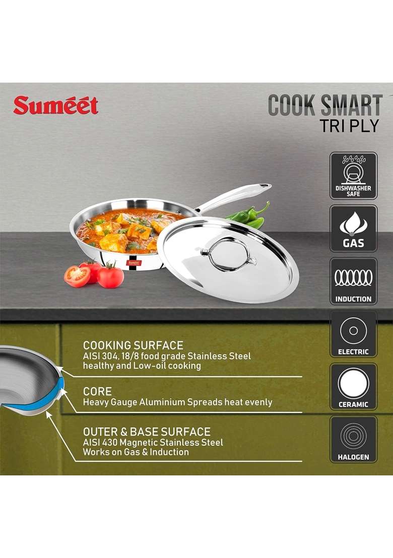 Sumeet Cook Smart TriPly Steel-Aluminium-Steel | 1 L | 1.1 Qt | 20 cm | 7.9 Inch | With Lid - Indya
