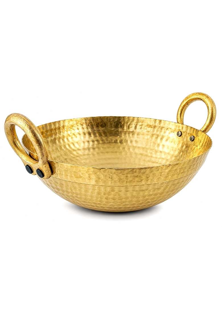 Yadav Craft Brass Pital Kadhai Wok Frying Pan with Handle Kadai Cookware | 2000 ml | 67.6 fl oz - Indya