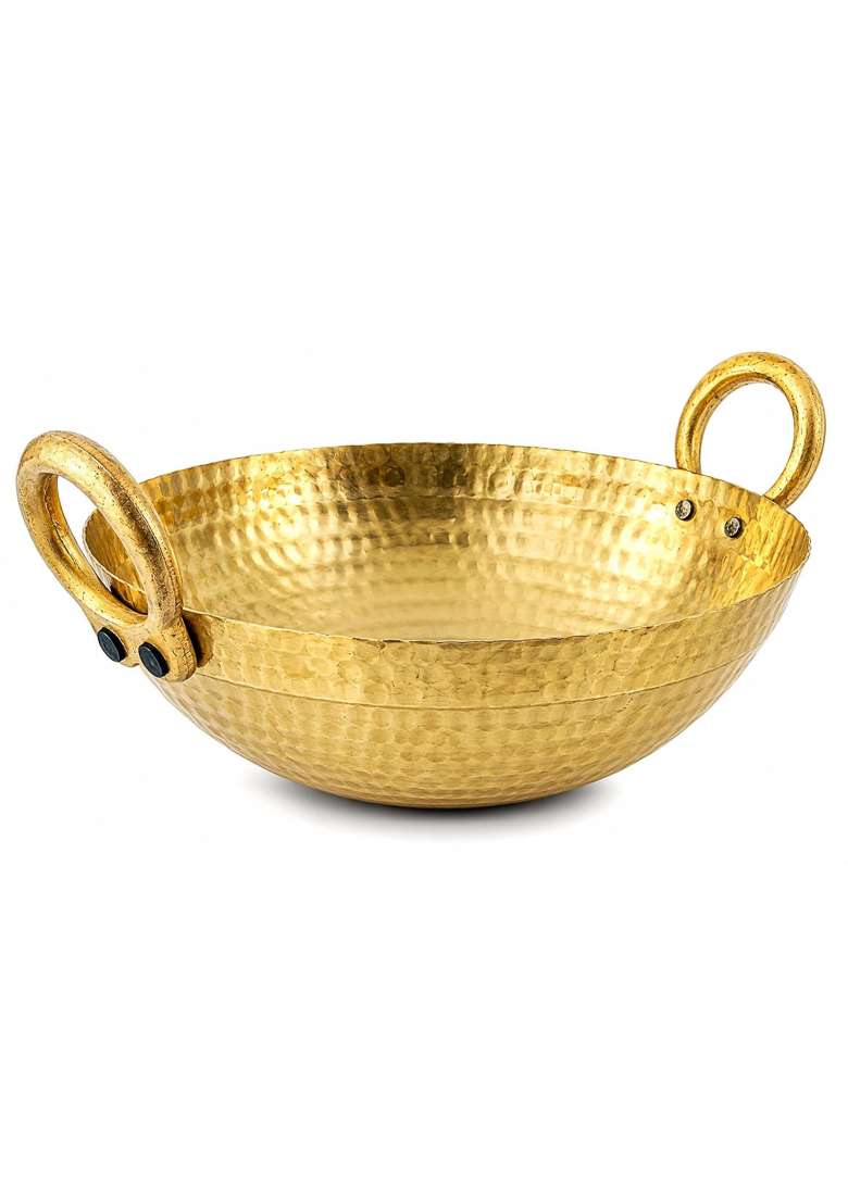 Yadav Craft Brass Pital Kadhai Wok Frying Pan with Handle Kadai Cookware | 2000 ml | 67.6 fl oz - Indya