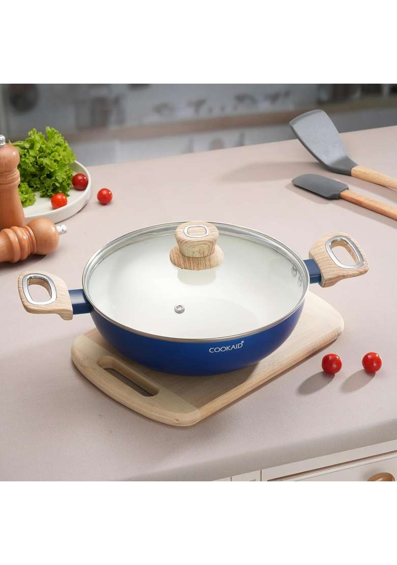 COOKAID Kadhai Wok with Glass Lid | 2.5 L | 2.6 Qt | 24 cm | 9.4 Inch | Induction Compatible | Non-Stick - Indya