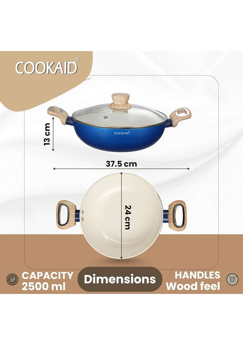 COOKAID Kadhai Wok with Glass Lid | 2.5 L | 2.6 Qt | 24 cm | 9.4 Inch | Induction Compatible | Non-Stick - Indya