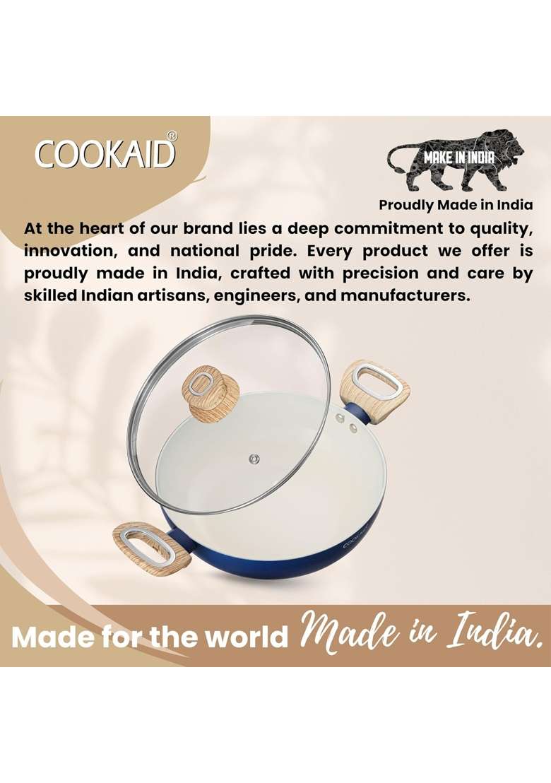 COOKAID Kadhai Wok with Glass Lid | 2.5 L | 2.6 Qt | 24 cm | 9.4 Inch | Induction Compatible | Non-Stick - Indya