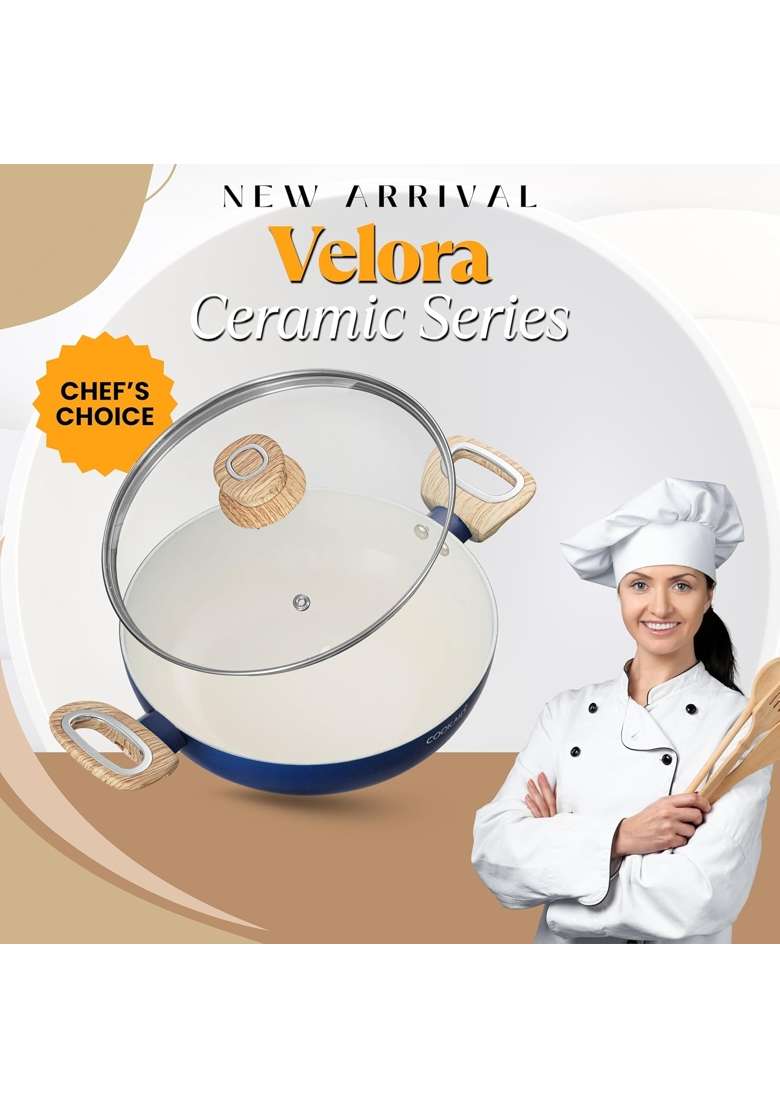 COOKAID Kadhai Wok with Glass Lid | 2.5 L | 2.6 Qt | 24 cm | 9.4 Inch | Induction Compatible | Non-Stick - Indya