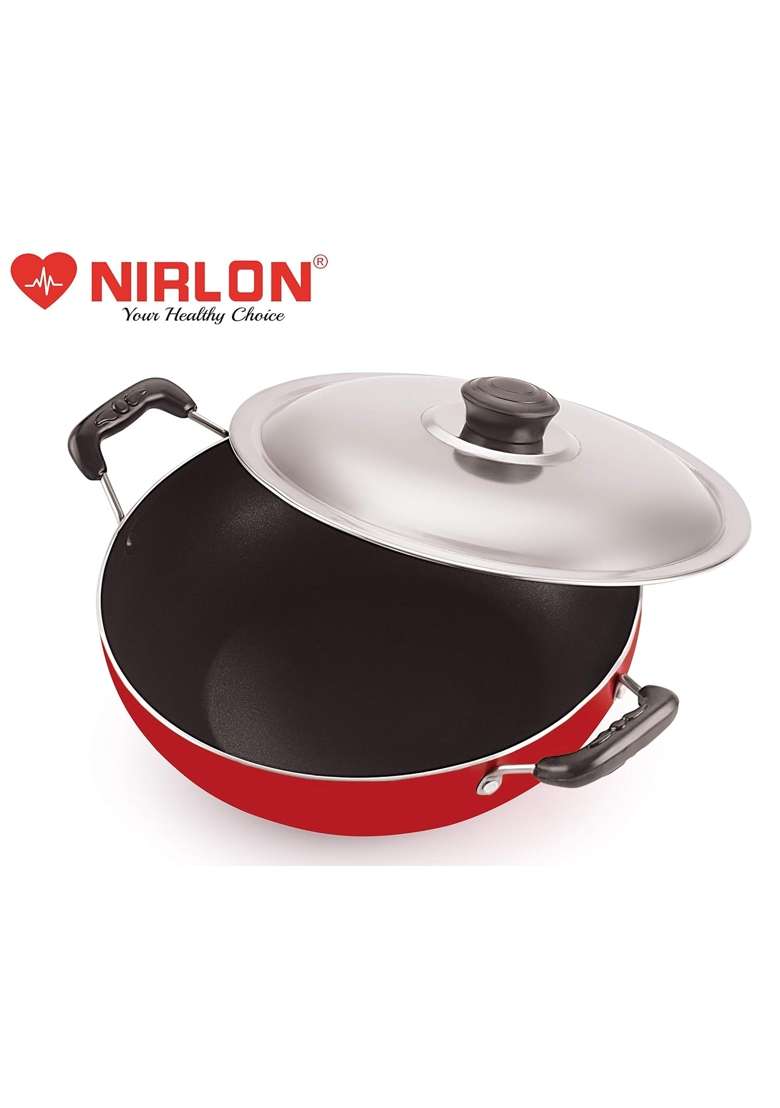 NIRLON Nonstick Aluminium Deep Fry Kadai Wok with Stainless Steel Lid | 2.2 L | 2.3 Qt | 22 cm | 8.7 Inch - Indya