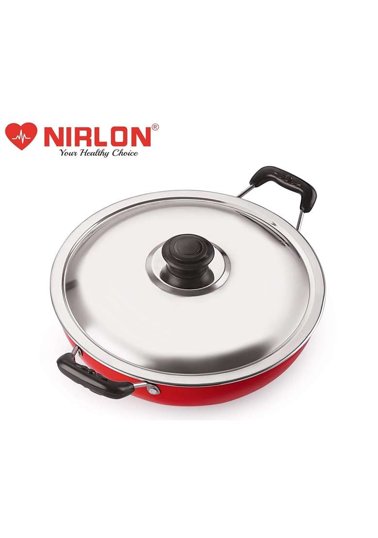 NIRLON Nonstick Aluminium Deep Fry Kadai Wok with Stainless Steel Lid | 2.2 L | 2.3 Qt | 22 cm | 8.7 Inch - Indya