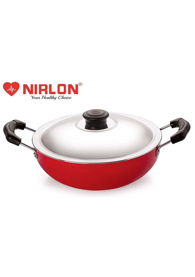 NIRLON Nonstick Aluminium Deep Fry Kadai Wok with Stainless Steel Lid | 2.2 L | 2.3 Qt | 22 cm | 8.7 Inch - Indya