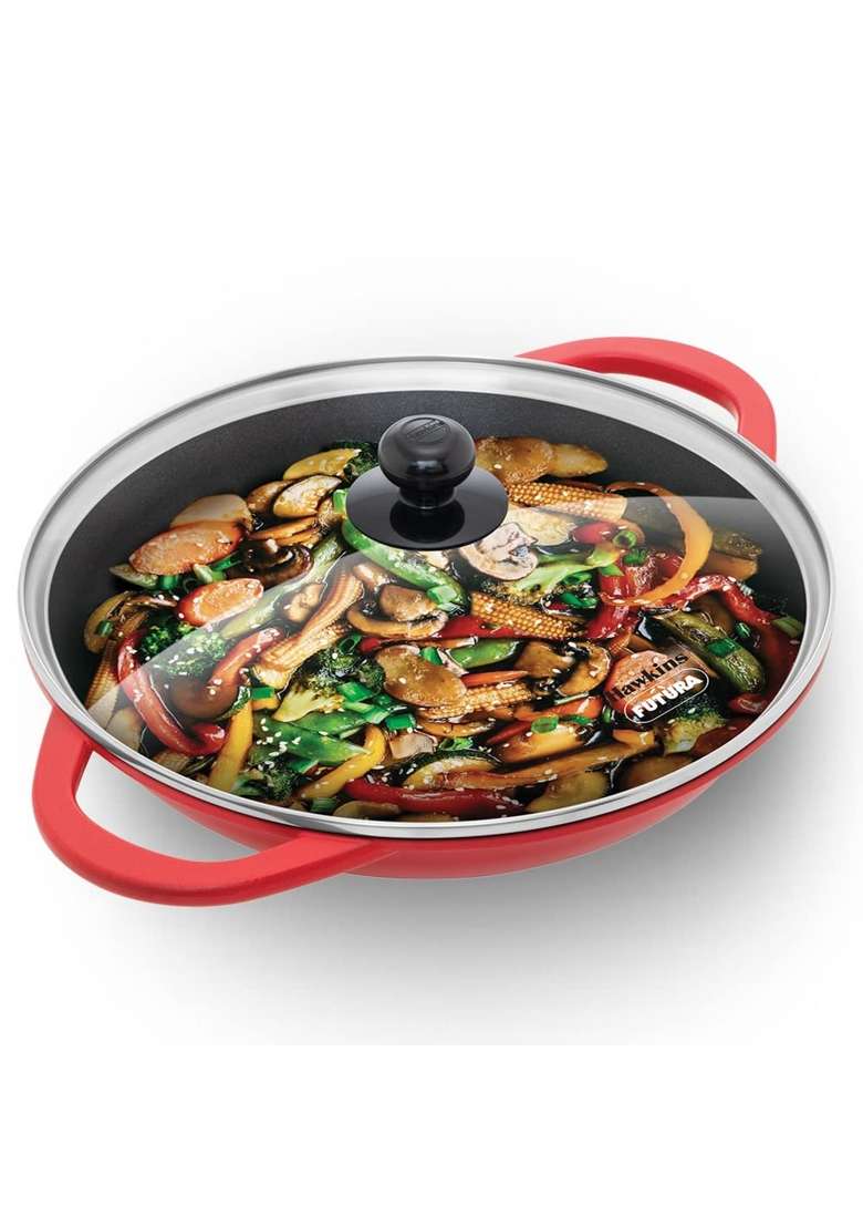 Hawkins Shallow Kadhai Wok | 3 L | 3.2 Qt | Induction Compatible | Non-Stick | With Lid - Indya