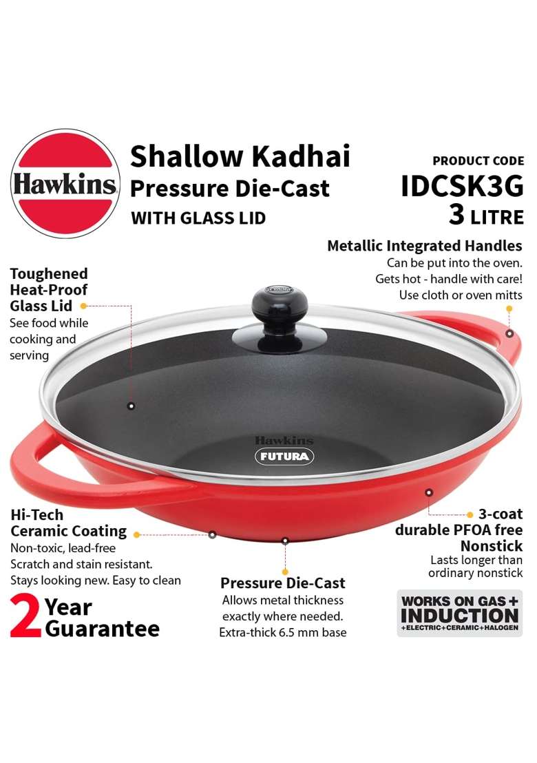 Hawkins Shallow Kadhai Wok | 3 L | 3.2 Qt | Induction Compatible | Non-Stick | With Lid - Indya