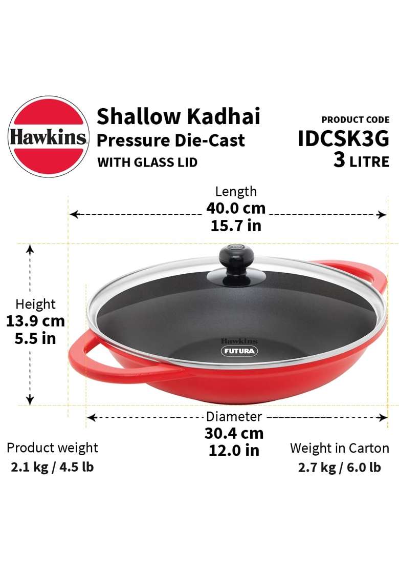 Hawkins Shallow Kadhai Wok | 3 L | 3.2 Qt | Induction Compatible | Non-Stick | With Lid - Indya