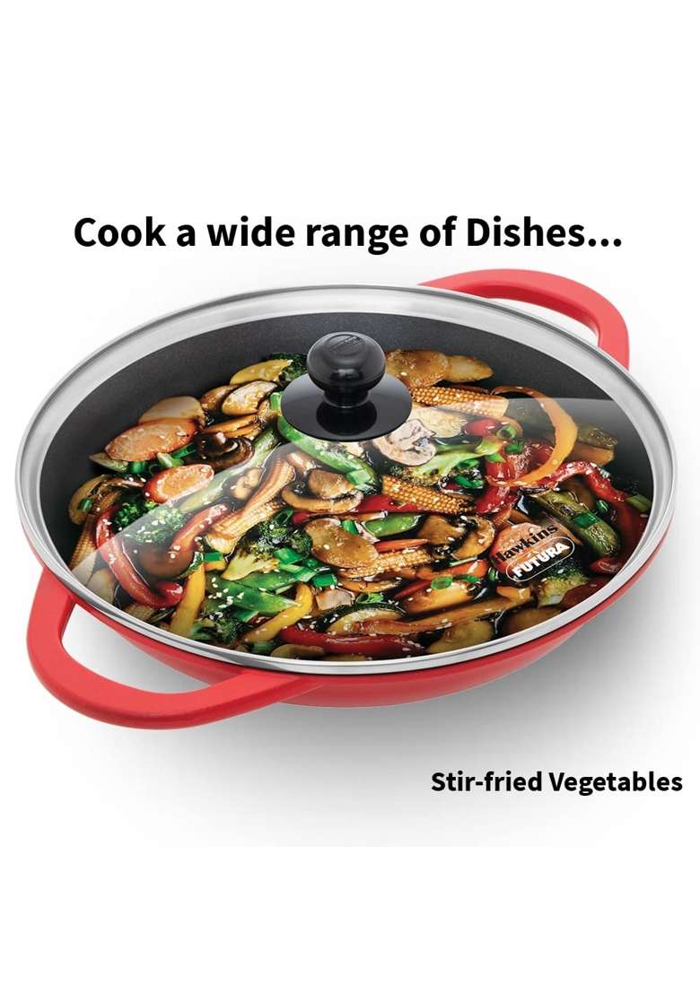 Hawkins Shallow Kadhai Wok | 3 L | 3.2 Qt | Induction Compatible | Non-Stick | With Lid - Indya
