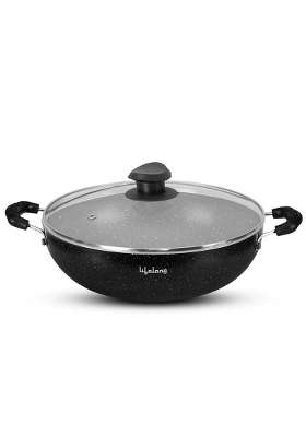 Lifelong Non-Stick Frying Kadai Wok with Glass Lid | 2.5 L | 2.6 Qt | 24 cm | 9.4 Inch | Induction Compatible