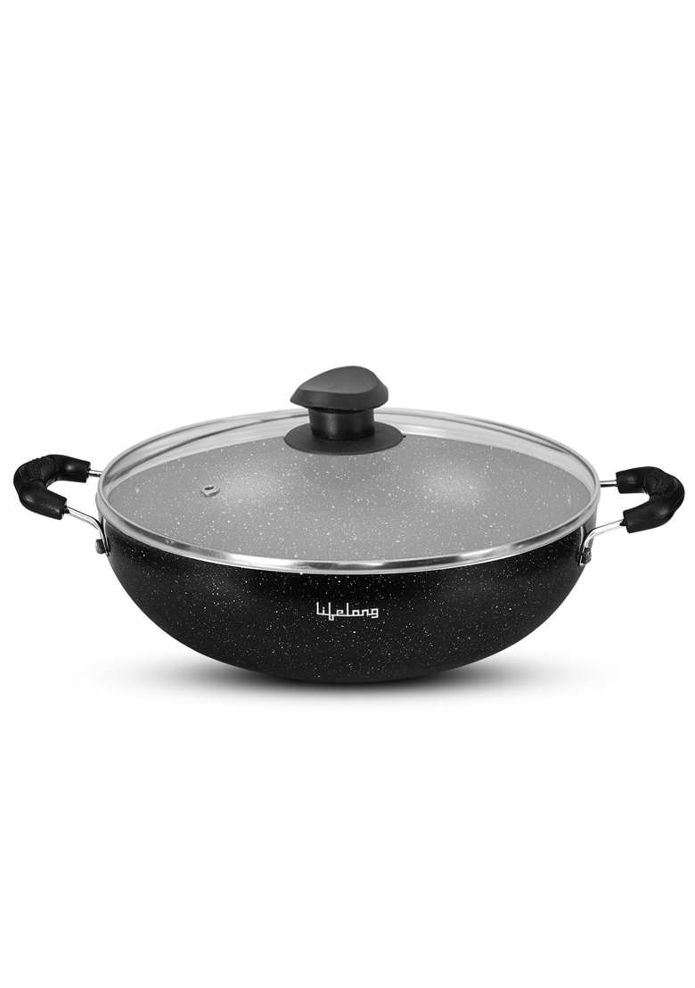 Lifelong Non-Stick Frying Kadai Wok with Glass Lid | 2.5 L | 2.6 Qt | 24 cm | 9.4 Inch | Induction Compatible - Indya