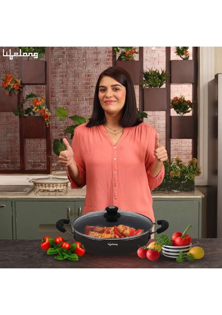 Lifelong Non-Stick Frying Kadai Wok with Glass Lid | 2.5 L | 2.6 Qt | 24 cm | 9.4 Inch | Induction Compatible - Indya