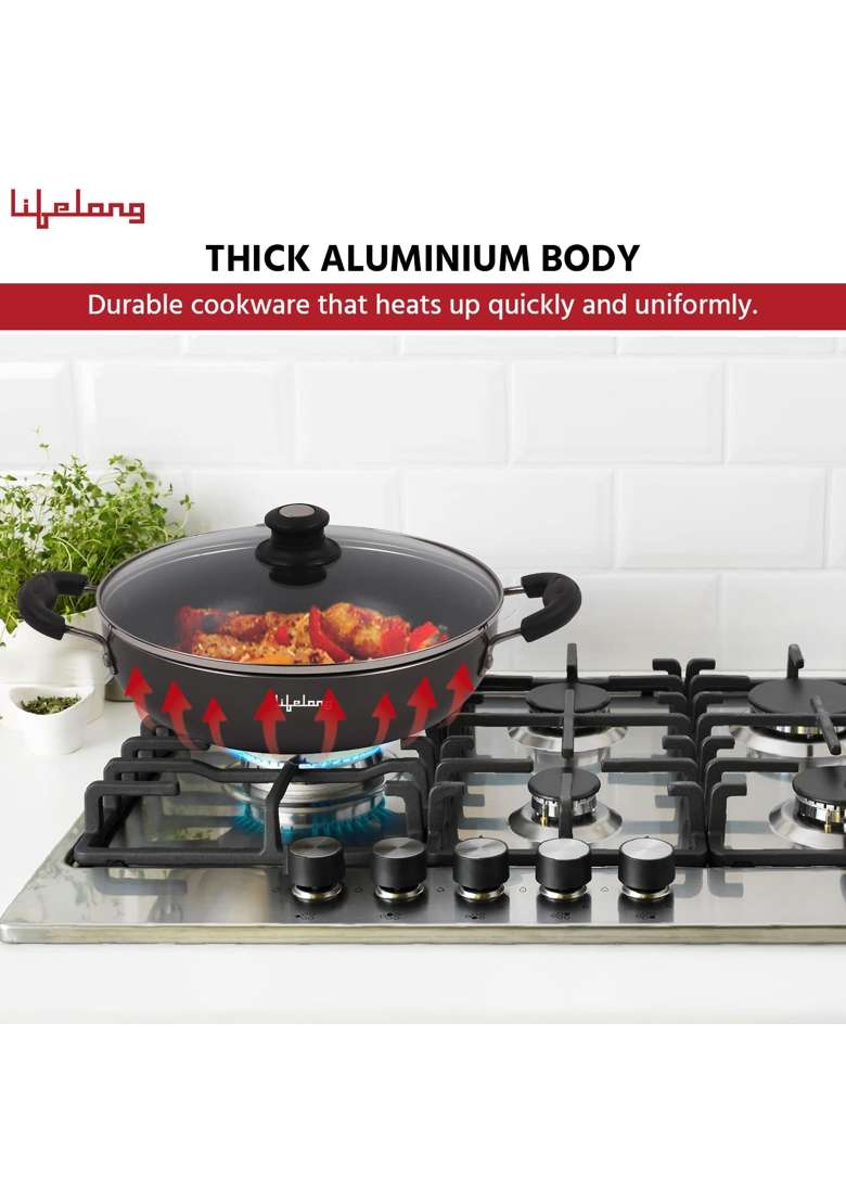 Lifelong Non-Stick Frying Kadai Wok with Glass Lid | 2.5 L | 2.6 Qt | 24 cm | 9.4 Inch | Induction Compatible - Indya