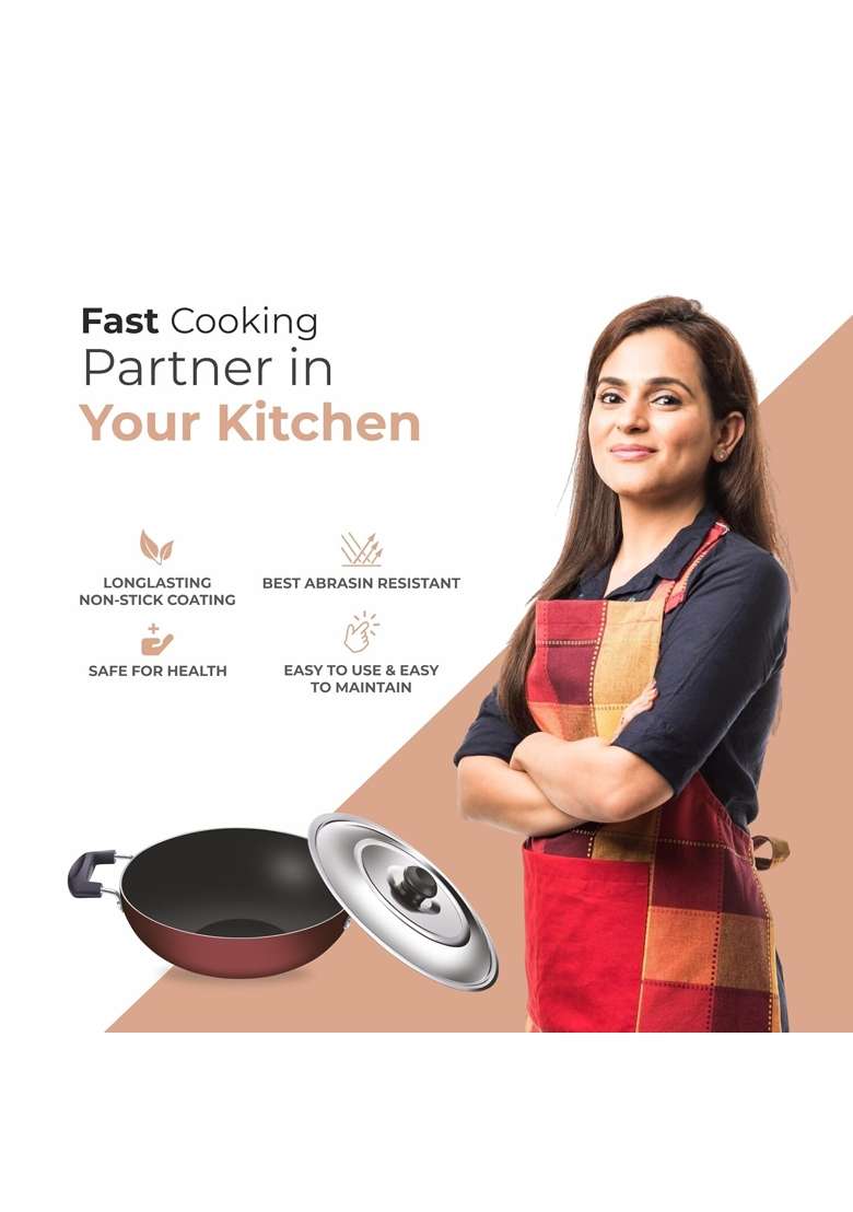 GLOBE Classic Aluminium Kadhai Wok with Steel Lid | 1 L | 1.1 Qt | 20 cm | 7.9 Inch | Non-Stick - Indya