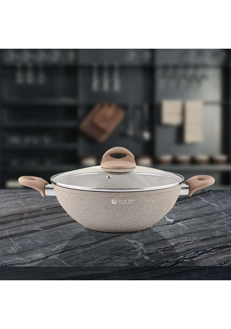 Shri and Sam Rockline Aluminium Kadhai Wok with Lid | 3 L | 3.2 Qt | 28 cm | 11 Inch - Indya