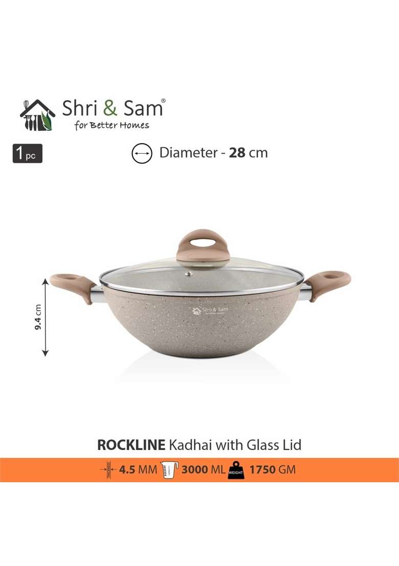 Shri and Sam Rockline Aluminium Kadhai Wok with Lid | 3 L | 3.2 Qt | 28 cm | 11 Inch - Indya