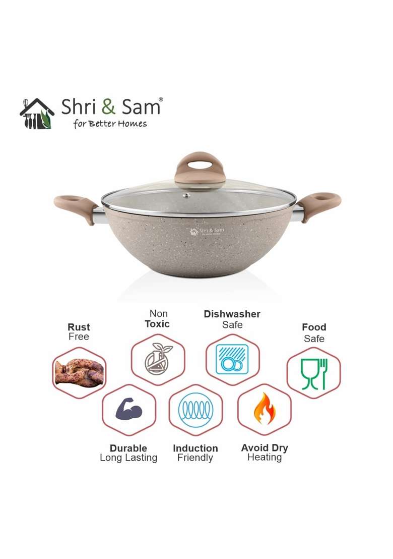 Shri and Sam Rockline Aluminium Kadhai Wok with Lid | 3 L | 3.2 Qt | 28 cm | 11 Inch - Indya
