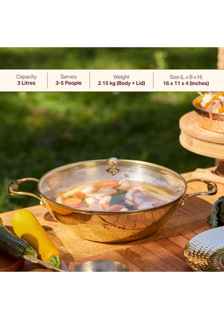 P-TAL Brass Kadhai Wok with Insulated Heat-Resistant Handle and Glass Lid | 1.5 L | 1.6 Qt | Non-Toxic | Tin Lined Kalai | Non-Stick - Indya
