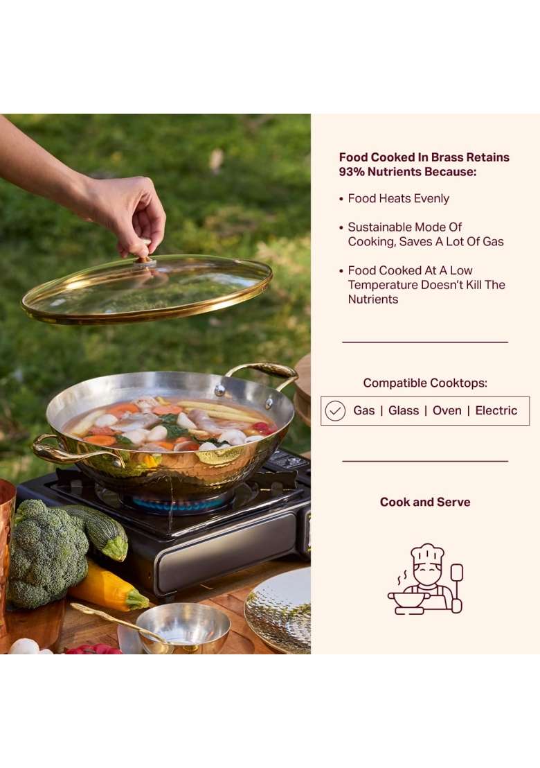 P-TAL Brass Kadhai Wok with Insulated Heat-Resistant Handle and Glass Lid | 1.5 L | 1.6 Qt | Non-Toxic | Tin Lined Kalai | Non-Stick - Indya