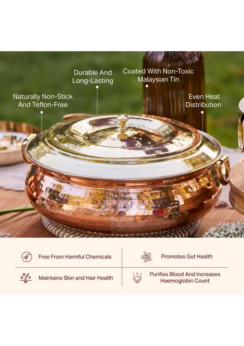 P-TAL P TAL Copper Hammered Lagaan | 4 L | 4.2 Qt | Tin Lined Kalai - Indya