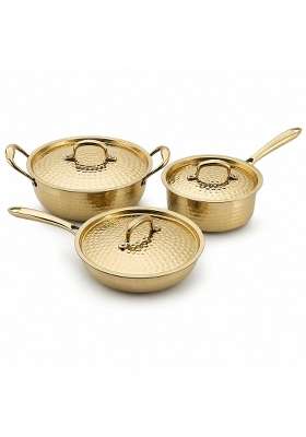 SHIV SHAKTI ARTS Brass Cookware with Lids | 1.5 L | 1.6 Qt | 3-Piece Set | Hammered Finish | With Lid