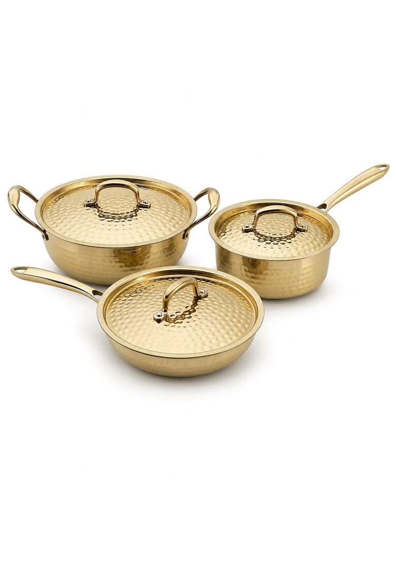 SHIV SHAKTI ARTS Brass Cookware with Lids | 1.5 L | 1.6 Qt | 3-Piece Set | Hammered Finish | With Lid - Indya