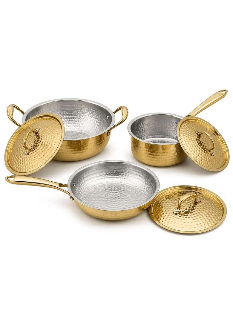 SHIV SHAKTI ARTS Brass Cookware with Lids | 1.5 L | 1.6 Qt | 3-Piece Set | Hammered Finish | With Lid - Indya