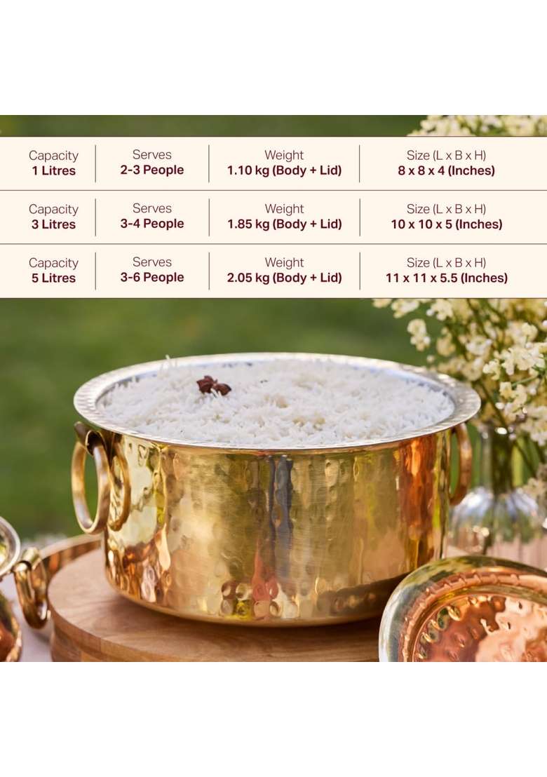 P-TAL P TAL Brass Patila for Cooking | 1 L | 1.1 Qt | Heavy Bottom | Hammered Finish - Indya