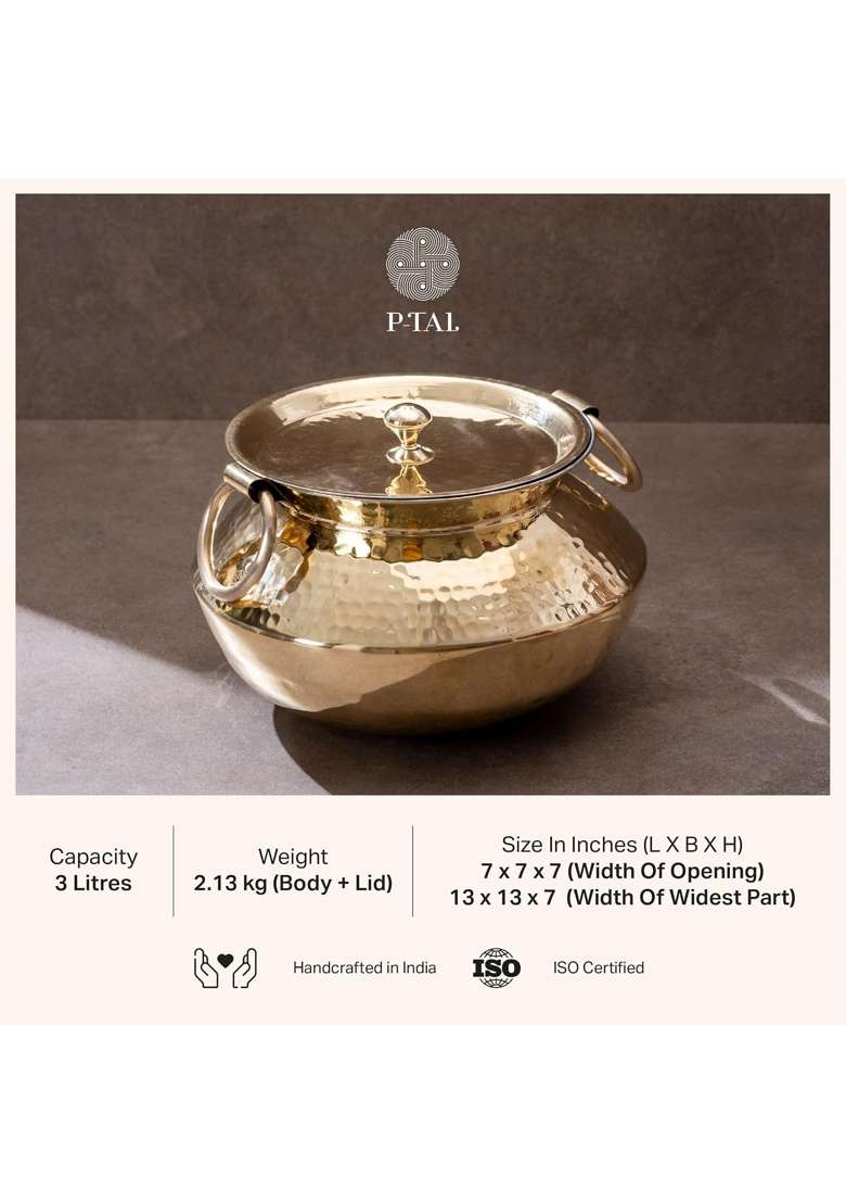 P-TAL Brass Patili Cooking Pot with Lid and Handles for Cooking Teflon Free Degchi Biryani Handi | 3 L | 3.2 Qt - Indya