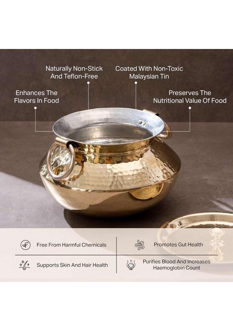 P-TAL Brass Patili Cooking Pot with Lid and Handles for Cooking Teflon Free Degchi Biryani Handi | 3 L | 3.2 Qt - Indya