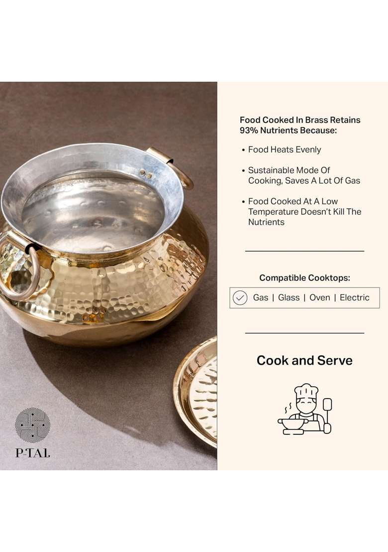 P-TAL Brass Patili Cooking Pot with Lid and Handles for Cooking Teflon Free Degchi Biryani Handi | 3 L | 3.2 Qt - Indya