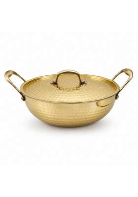 SHIV SHAKTI ARTS Brass Kadai Wok with Lid and Side Handles | 2.5 L | 2.6 Qt | Hammered Finish