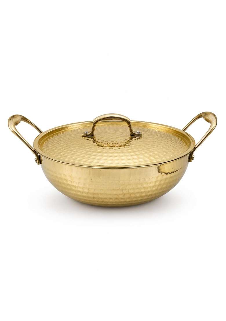 SHIV SHAKTI ARTS Brass Kadai Wok with Lid and Side Handles | 2.5 L | 2.6 Qt | Hammered Finish - Indya