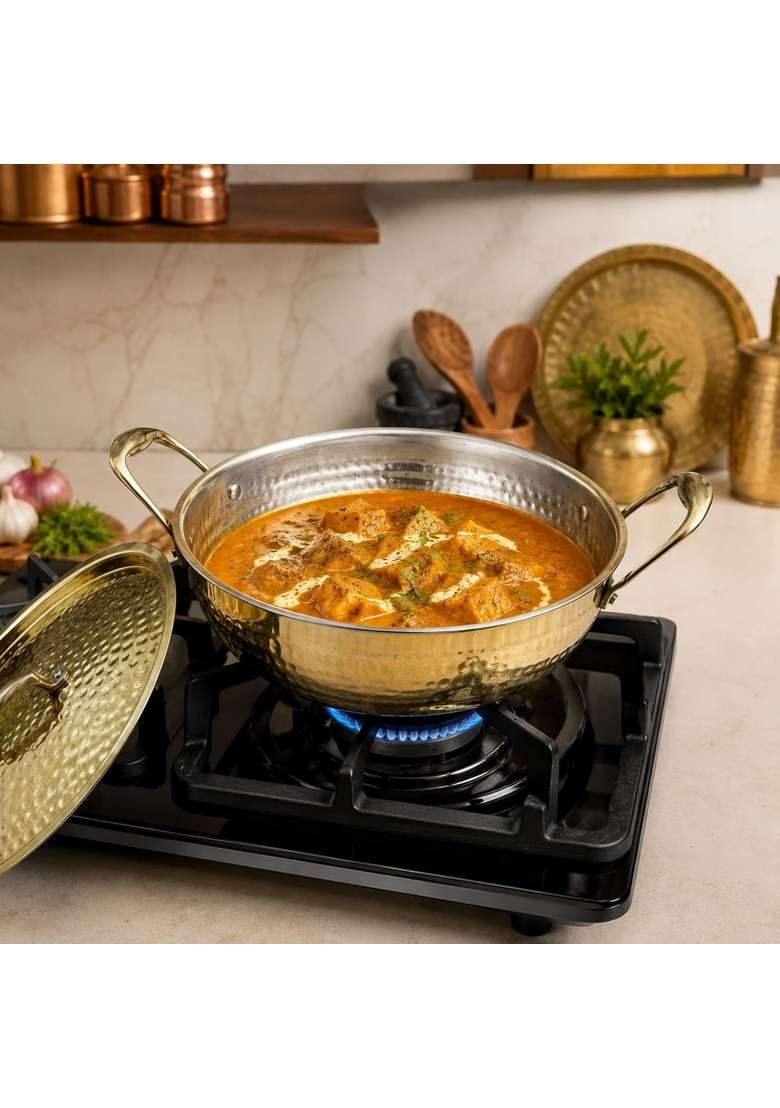SHIV SHAKTI ARTS Brass Kadai Wok with Lid and Side Handles | 2.5 L | 2.6 Qt | Hammered Finish - Indya