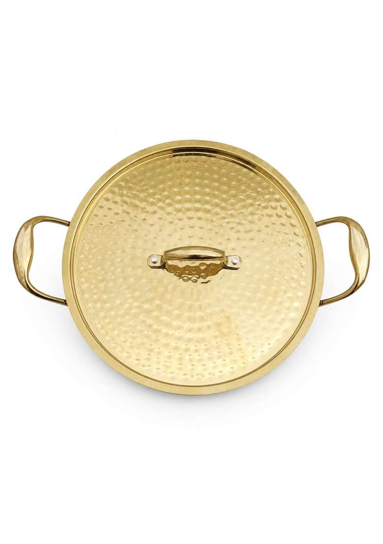 SHIV SHAKTI ARTS Brass Kadai Wok with Lid and Side Handles | 2.5 L | 2.6 Qt | Hammered Finish - Indya