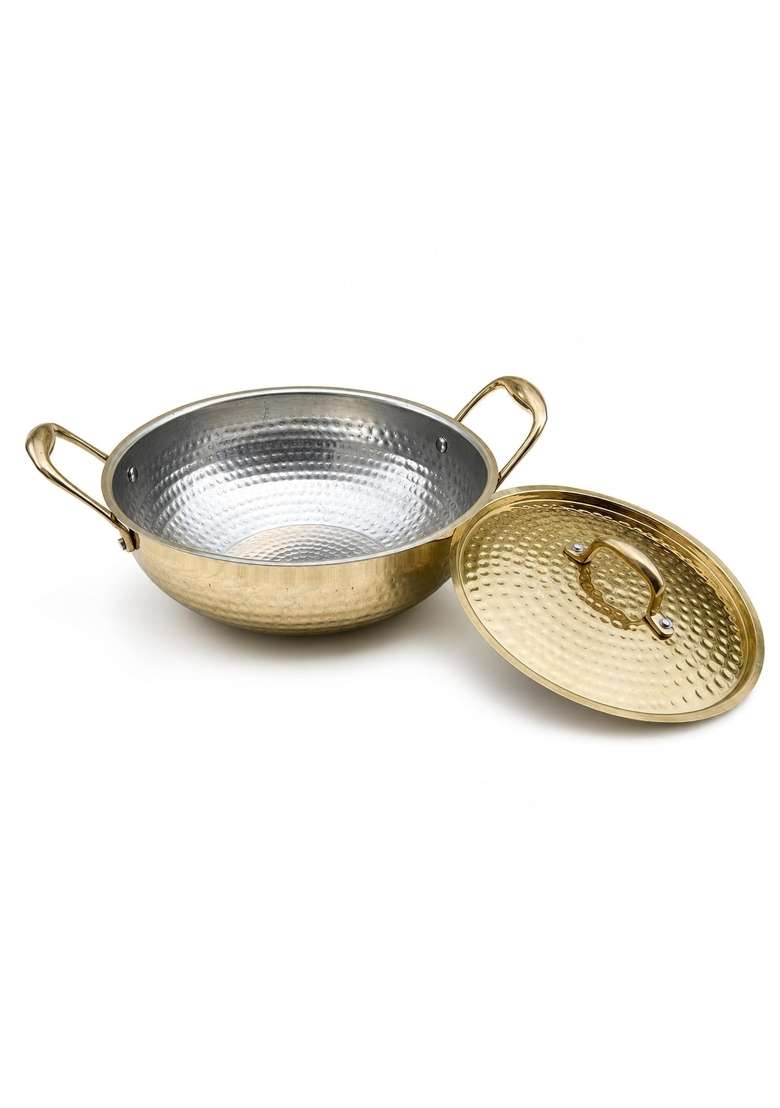 SHIV SHAKTI ARTS Brass Kadai Wok with Lid and Side Handles | 2.5 L | 2.6 Qt | Hammered Finish - Indya