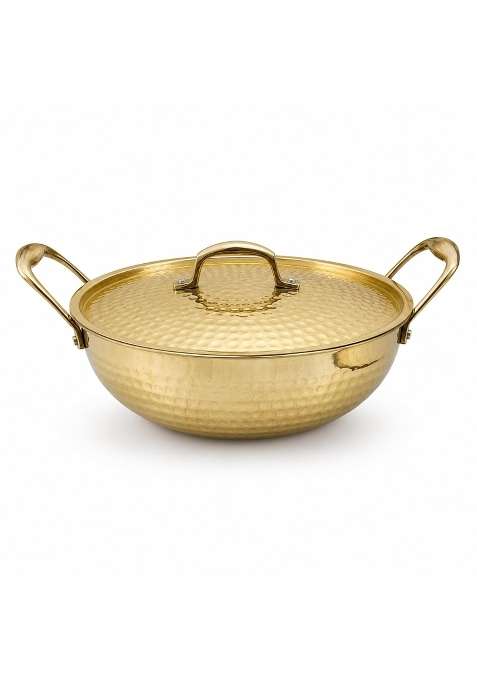 SHIV SHAKTI ARTS Brass Kadai Wok with Lid and Side Handles | 2.5 L | 2.6 Qt | Hammered Finish