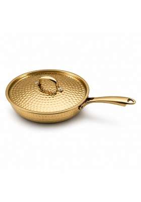 SHIV SHAKTI ARTS Brass Fry Pan with Lid and Long Handle | 2 L | 2.1 Qt | Hammered Finish