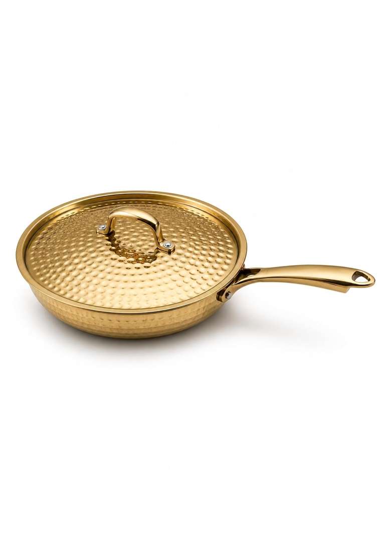 SHIV SHAKTI ARTS Brass Fry Pan with Lid and Long Handle | 2 L | 2.1 Qt | Hammered Finish - Indya