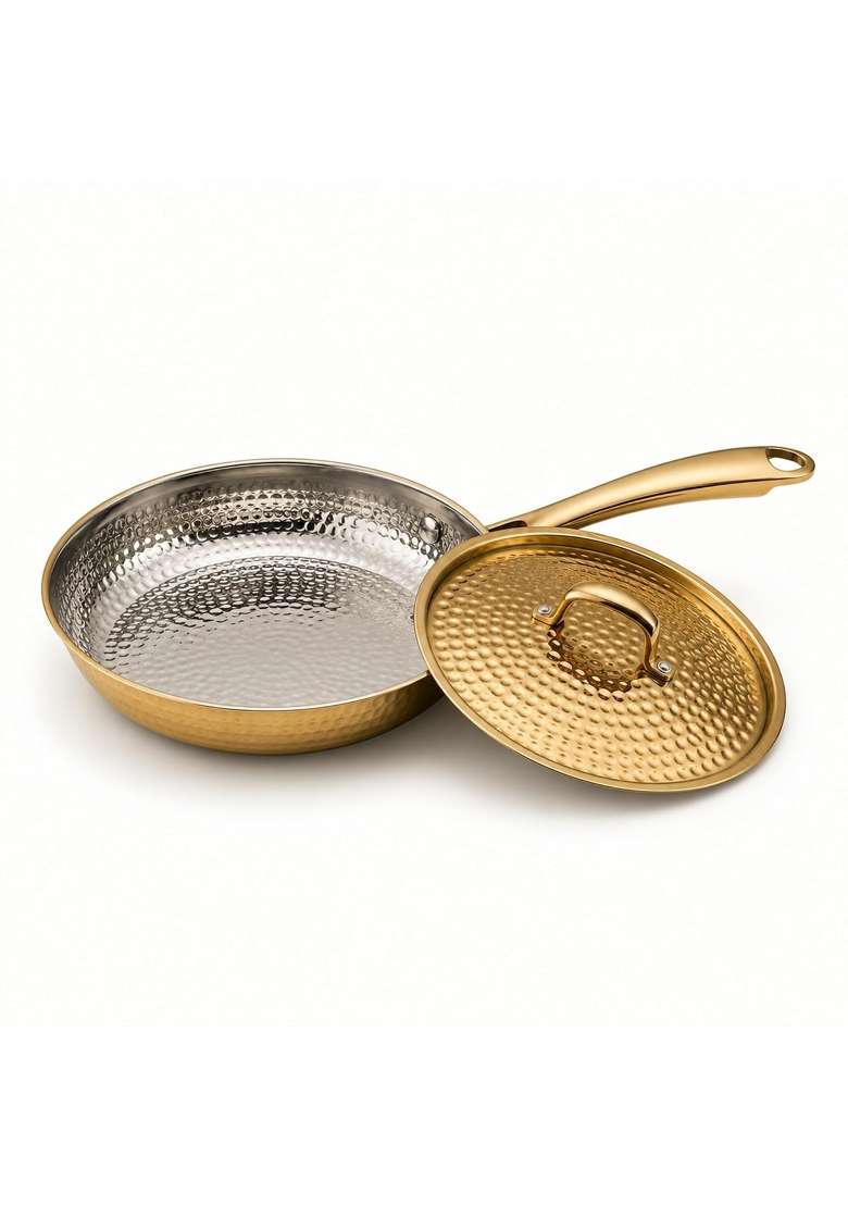 SHIV SHAKTI ARTS Brass Fry Pan with Lid and Long Handle | 2 L | 2.1 Qt | Hammered Finish - Indya