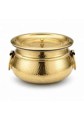 SHIV SHAKTI ARTS Brass Mughlai Deg Handi with Lid and Ring Handles | 3.5 L | 3.7 Qt | Heavy Bottom | Hammered Finish